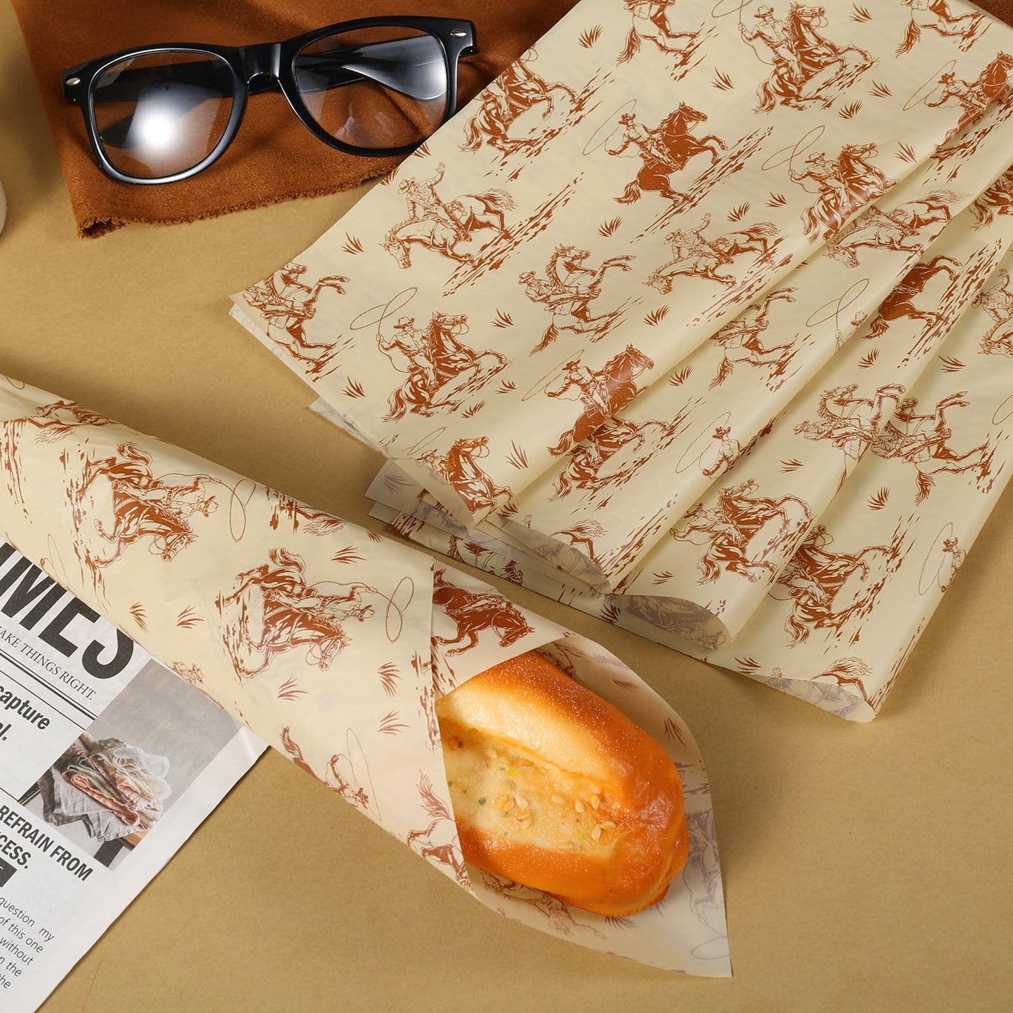 150 Sheets Western Cowboy Wax Paper for Food Deli, 9.8 x 8.3'' Borwn Wild West Rodeo Greaseproof Wrapping Paper for Sandwich Picnic Basket Liner Birthday Party Supplies