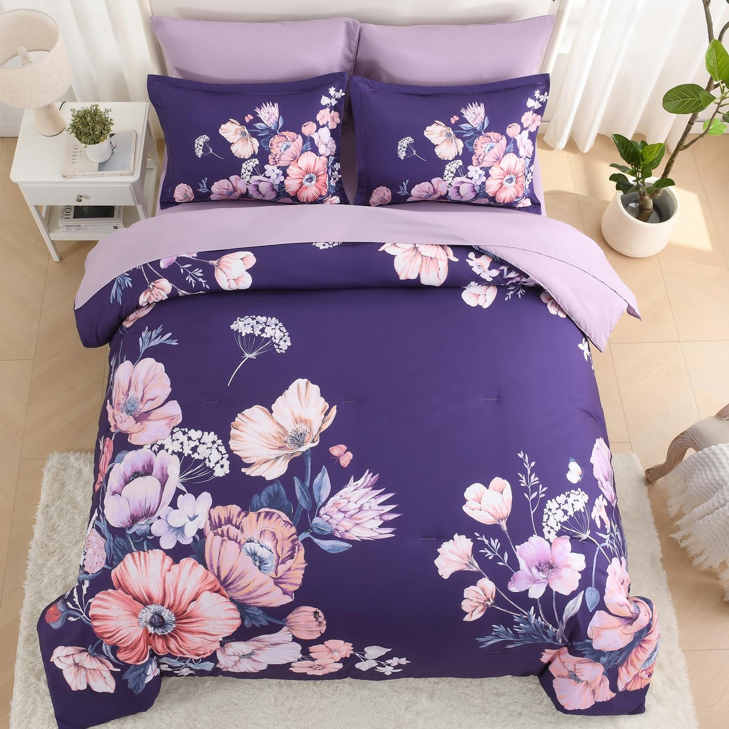 LLDSYW Queen Comforter Set - 7 Pieces Bed in a Bag Dark Purple Floral Queen Comforter Set with Sheets, Soft Microfiber Flower Complete Bedding Set for All Seasons（Dark Purple,90"x90"）