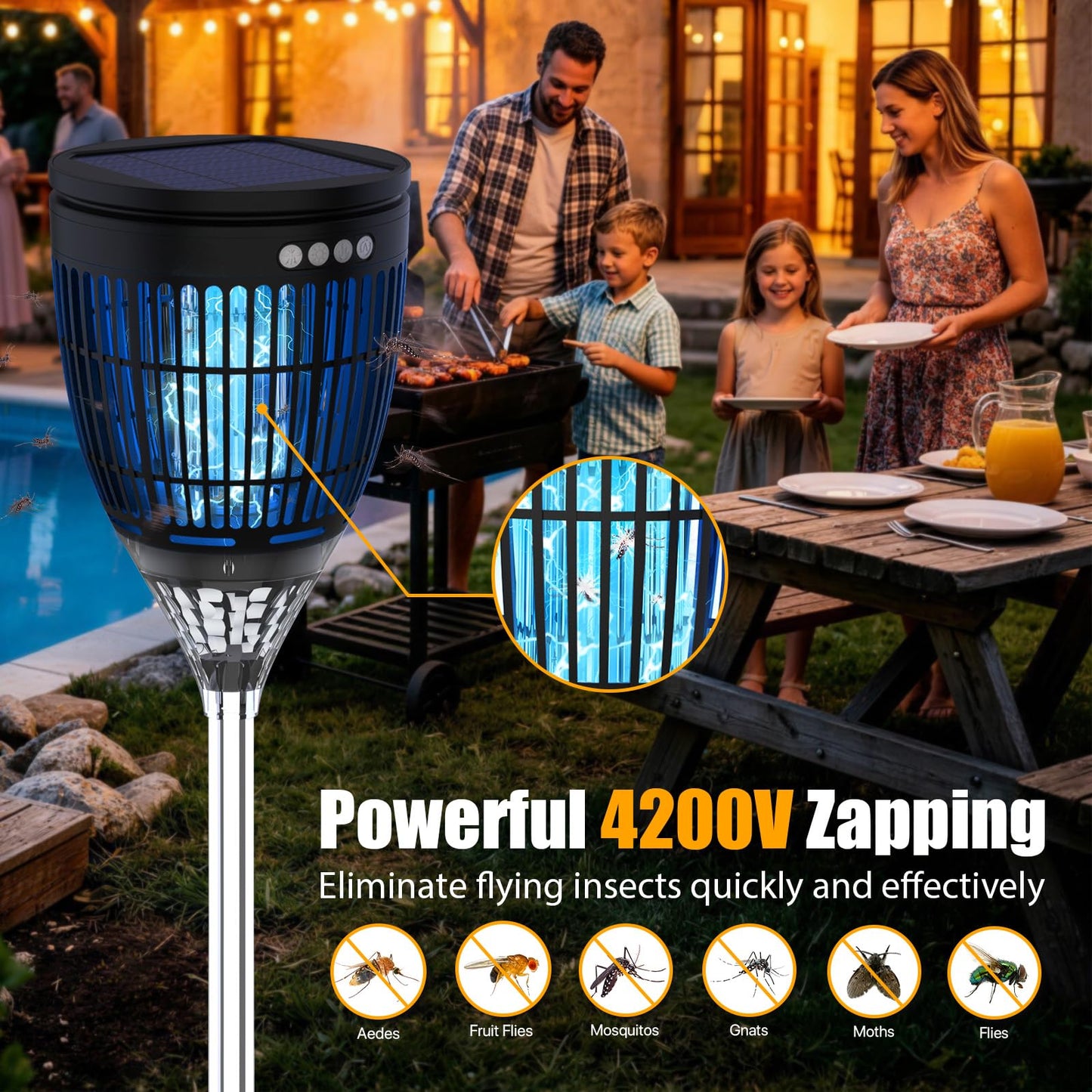 Rossetta Solar Bug Zapper Outdoor, Mosquito Zapper with Flame Lamp & Projector Light, 4200V Electric Fly Zapper Waterproof Rechargeable Mosquito Killer, Cordless Fly Trap for Patio, Backyard, Garden
