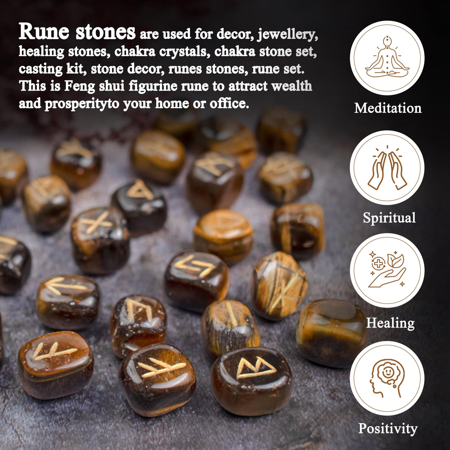 Crocon Tiger Eye Gemstone Tumbled Rune Stones with Elder Futhark Alphabet Engraved 25 pcs Runes Set Crystal Divination Healing Chakra Reiki with a Pouch & A Rune brochure Size : 15-25 mm