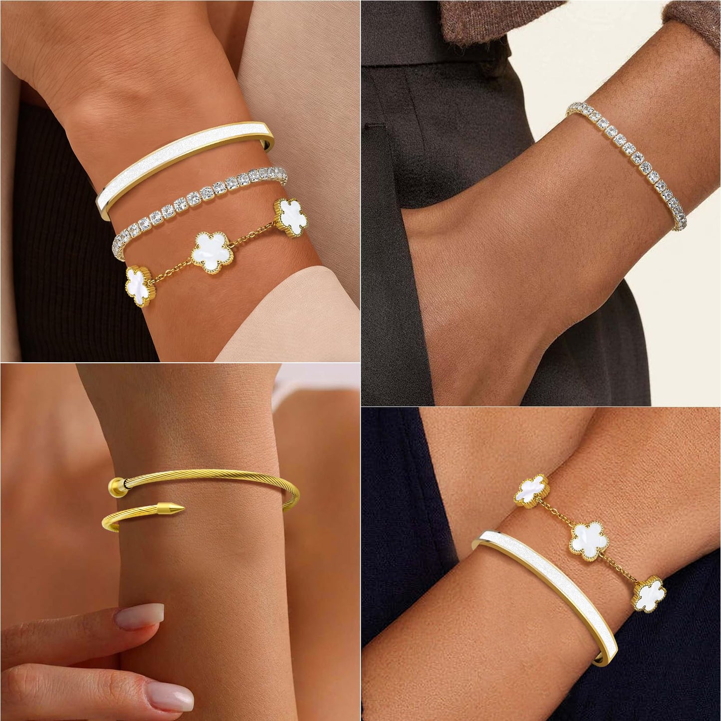 MOINSPIRE 18K Gold Plated Bracelets for Women, Stainless Steel Four Leaf Clover Tennis Nail Love Bangle Bracelets Set, Trendy Stackable Twist Cuff Bracelet Non Tarnish Jewelry Gifts for Christmas