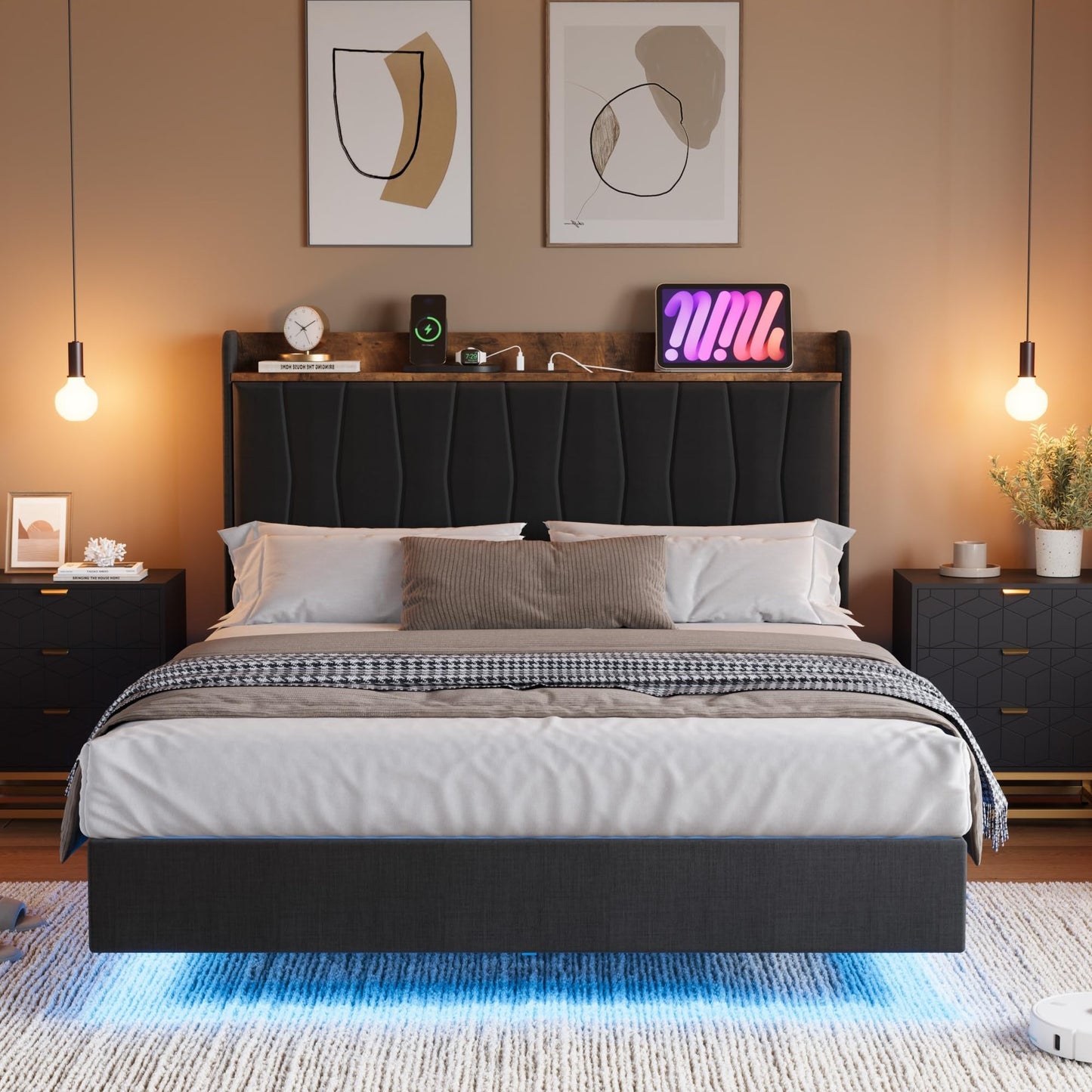 IDEALHOUSE King Floating Bed Frame with LED Lights & Charging Station, Upholstered Platform Bed with Storage Headboard, Wood Slats Support, No Box Spring Needed, Easy to Assemble, Black