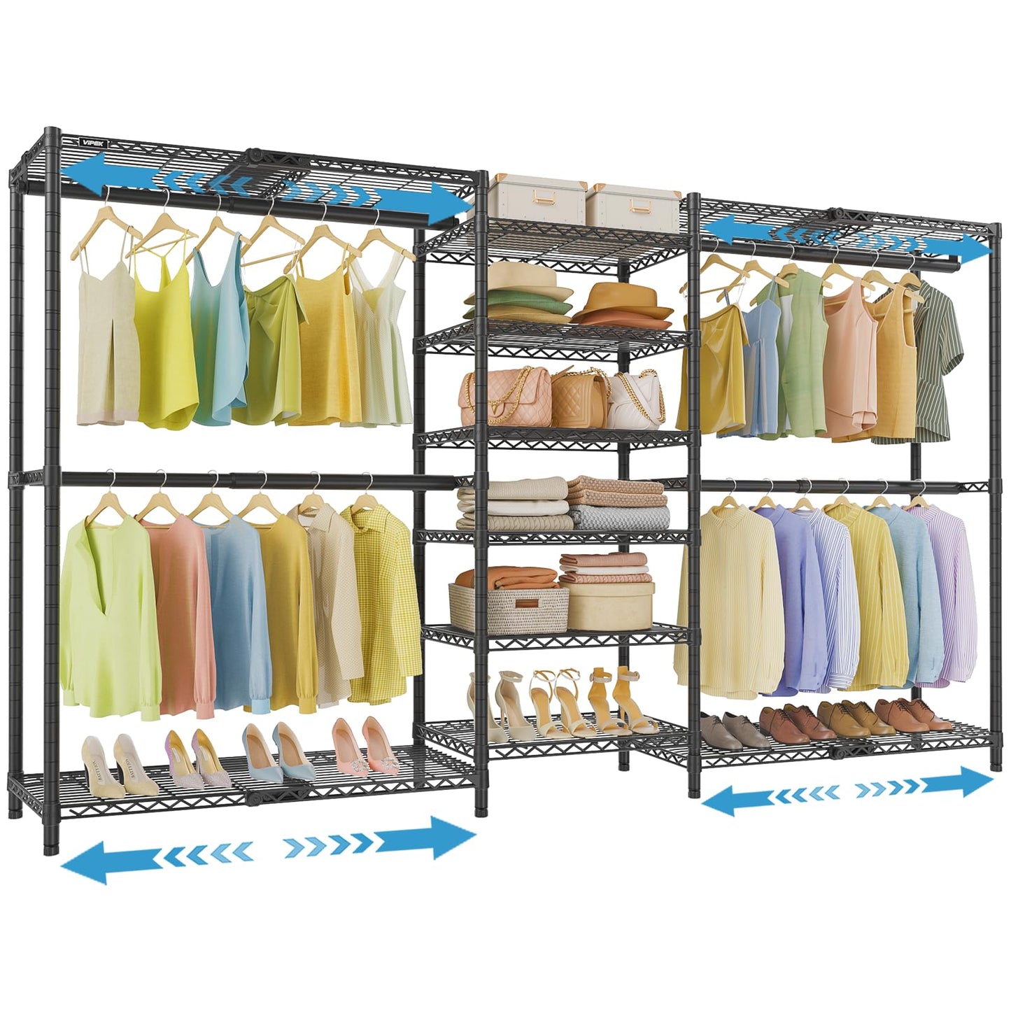 VIPEK X3 Plus Large Expandable Closet Rack Adjustable from 5'10" to 8'8" with Extendable Shelves and Hanger Rods, Freestanding Clothing Racks Modular Closet Systems Wardrobe, Max Load 1360LBS, Black
