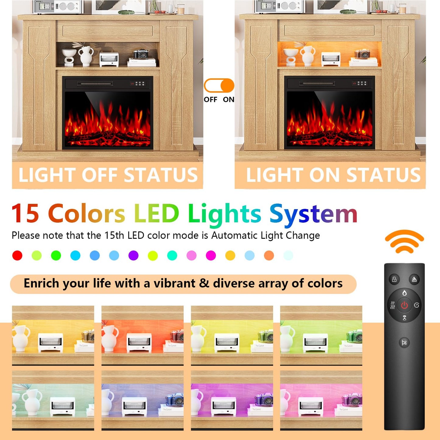 43" Electric Fireplace with Mantel, Freestanding 23" Fireplace Insert Heater with 7 Adjustable Flame Colors, Wooden Entertainment Center with Storage Shelf and LED Light for Living Room, Light Oak