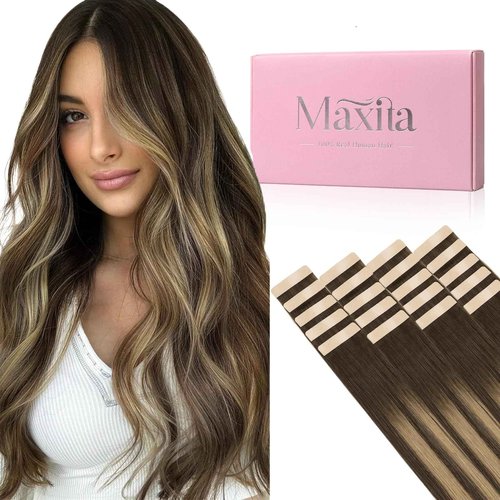 MAXITA Tape in Hair Extensions Human Hair, Balayage Chocolate Brown to Caramel Blonde, 22inch 50g 20pcs, Remy Silky Real Human Hair Extensions Thick Ends Straight Seamless Tape in Hair Extensions