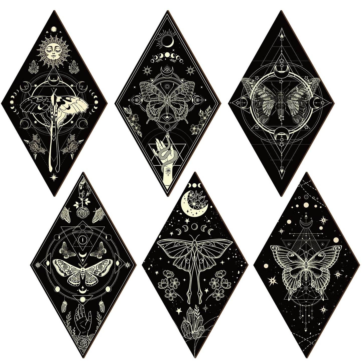Sintuff 6 Pieces Gothic Wall Decor Boho Sun Moon Phases Wall Art Gothic Minimalist Stars Sun Hanging Wooden Home Decor Farmhouse Pediments for Gallery Living Bedroom Room(Mysterious)