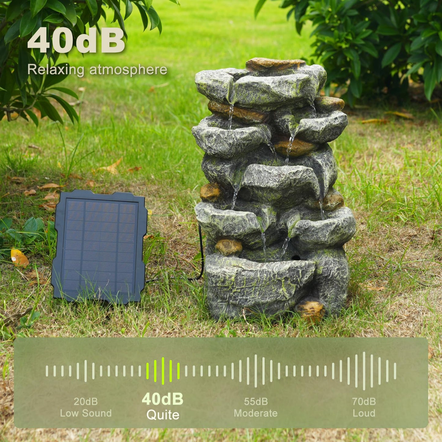 KAISOKU Solar Water Fountain Outdoor Garden, 24" H Cascading Stone Design 5 Tier Rock Feature Outdoor Fountains Waterfalls with Light, Pump Solar Panel for Patio, Deck, Porch, Backyard Home Décor
