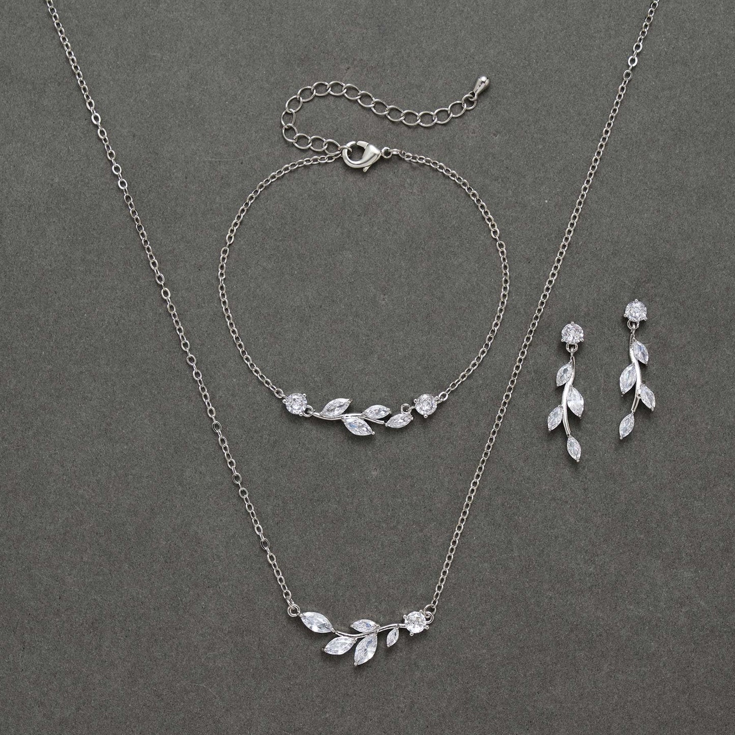 SWEETV Bridal Jewelry Set for Bride & Bridesmaid - Cubic Zirconia Leaf Vine Earrings, Necklace & Bracelet Set for Wedding & Prom