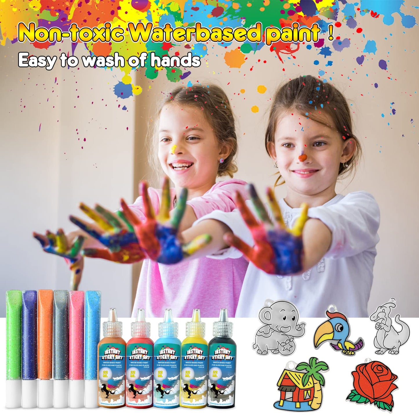 Window Paint Art, 36 Suncatchers Double Craft Kit for Kids – Children’s Make Your Own Fun Suncatcher Set Suction Cups DIY Car & Mirror Arts Crafts Children