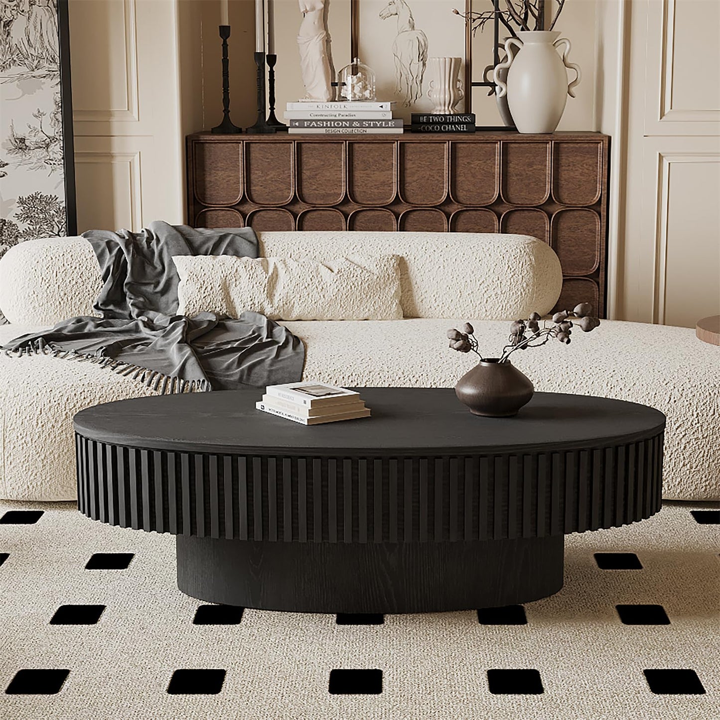 LKTART Oval Coffee Table for Living Room,Drum Solid Wood Handcrafted Relief,Olive-Shaped Sturdy Pedestal Wooden Tea Table for Apartment Small Space (Hidden Storage-Black,47.2''L×23.6''W×14.2''H)