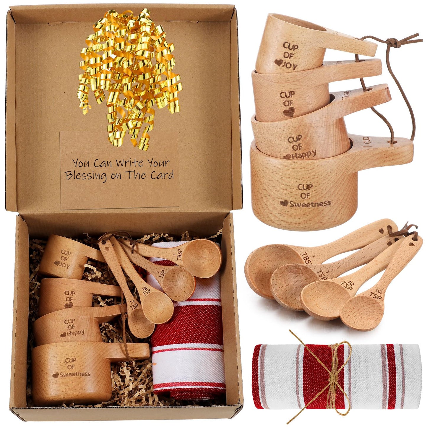 Reallnaive 14 Pcs Christmas Wooden Baking Gift Set - Wooden Measuring Cups and Spoons, Baking Towel, Greeting Card, Self-adhesive Curly Bows for Women, Dry Measuring Ingredient Christmas Kitchen Gift