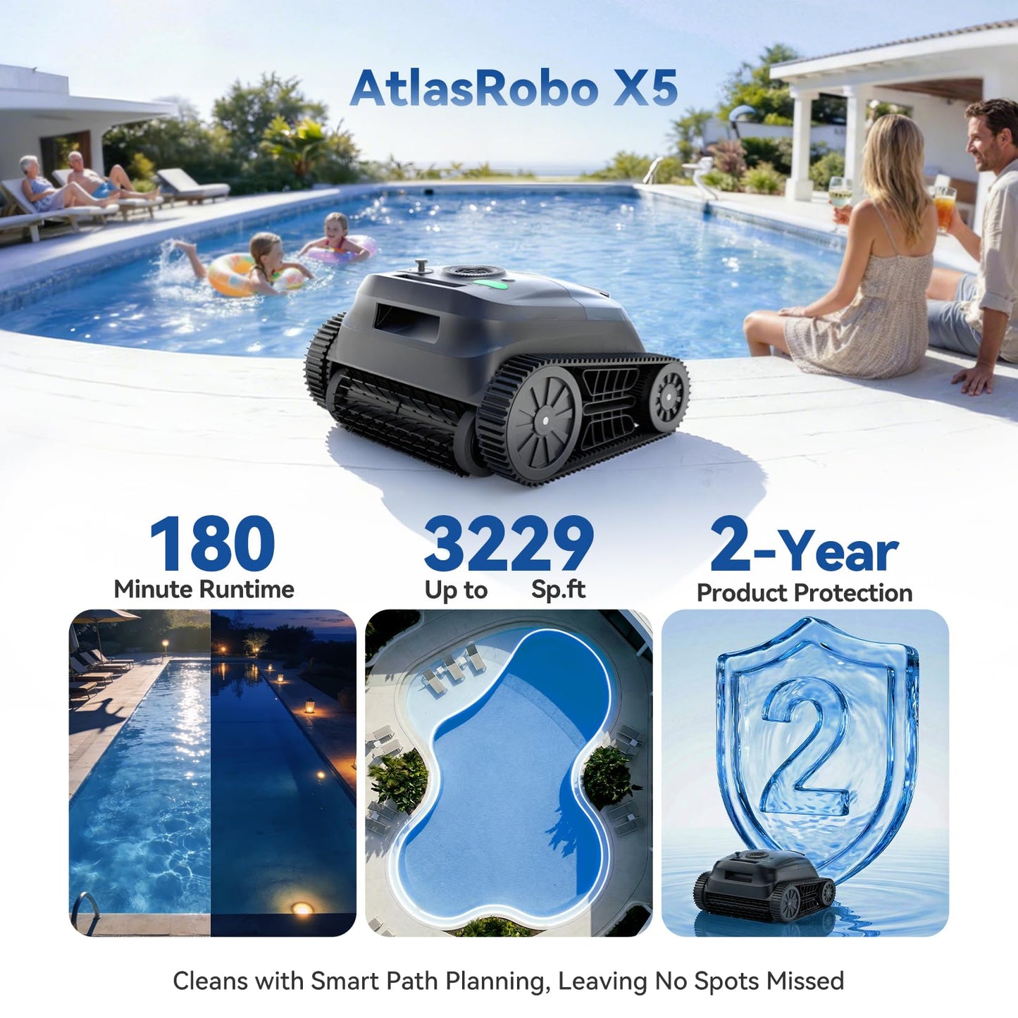 Pondee X5 Robotic Pool Vacuum for Inground Pools, Cordless Cleaner w/Smart Navigation, 4 Cleaning Modes, 180-Min Runtime, 5550 GPH Suction, Covers up to 3,229 sq.ft, Wall & Waterline