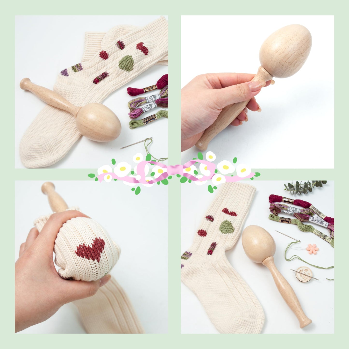 Darning Egg, Mini Darning Loom, Darning Egg Weaving Tool Set with Small Weaving Loom Kit with 14 Pcs Large Eye Needles 50 Colors Darning Thread for DIY Handicraft Home Sewing Care