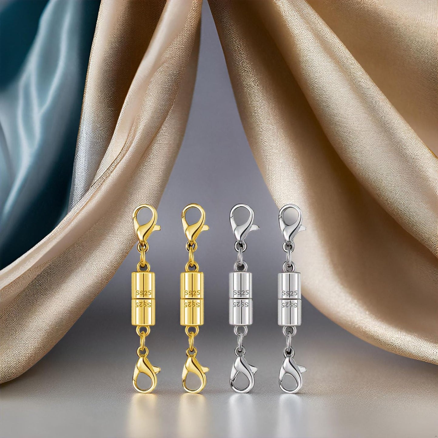 Magnetic Jewelry Clasps, 925 Sterling Silver, Strong Magnetic Closures for Necklaces and Bracelets (4pcs Golden Silvery)