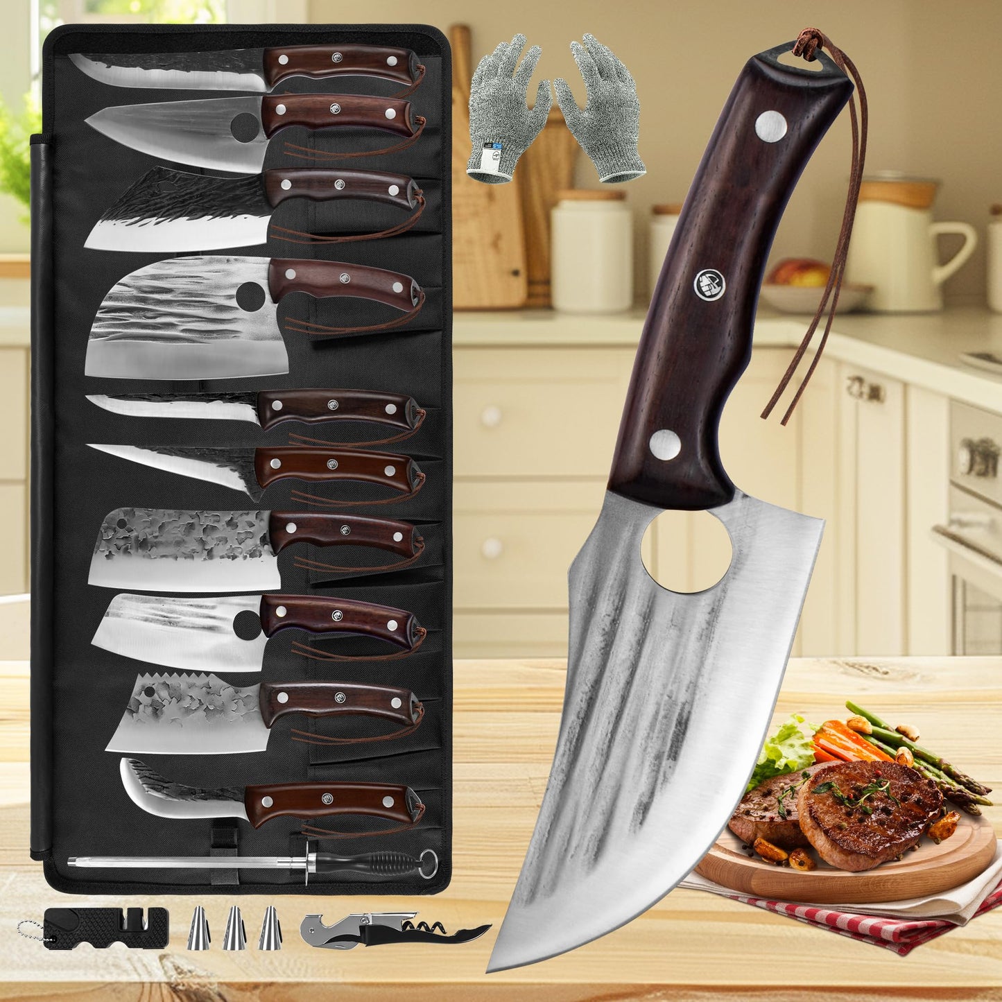 FULLHI 17pcs Butcher Chef Knife Set include sheath High Carbon Steel Cleaver Kitchen Knife Whole Tang Vegetable Cleaver Home BBQ Camping with Knife Bag