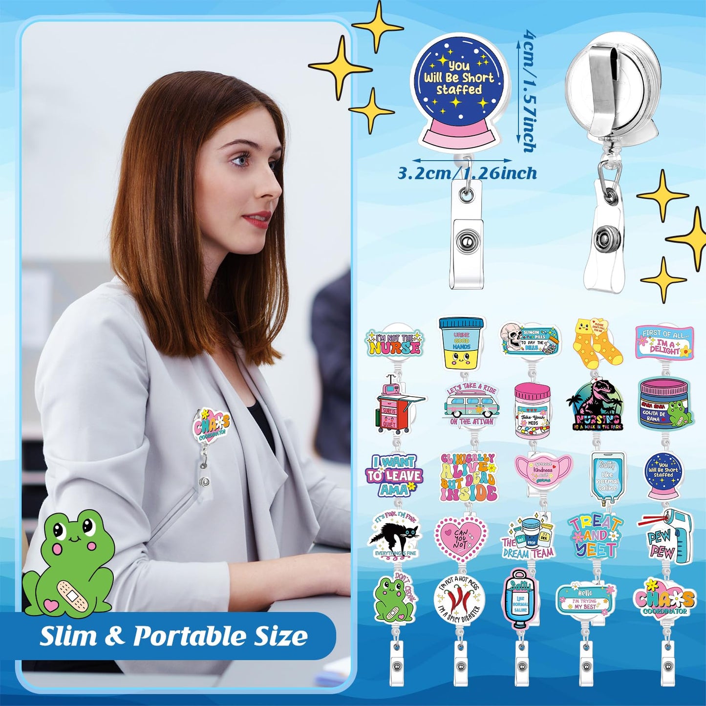 Liliaafar 25 Sets Nurse Funny Badge Reel Cute Retractable Name ID Clip with Cards and Organza Bags Acrylic Badge Holder for Doctor Medical Assistant Men Women Office Lanyard Supplies Bulk Gifts