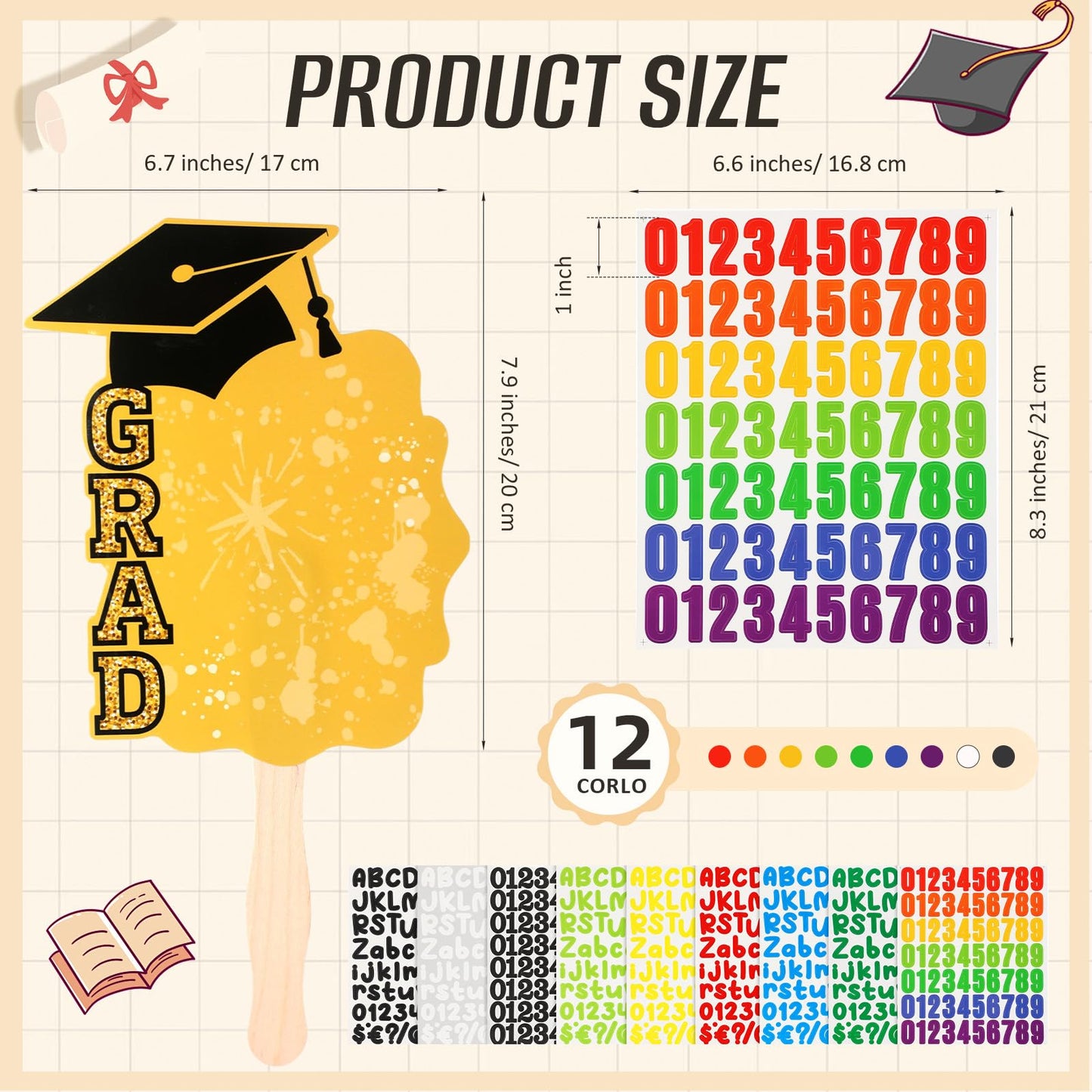 Lemosae 12 Pcs Graduation DIY Paper Fans Handheld Set Grad Face Fans with Number Alphabet Stickers Class of 2026 Grad Photo Props for Graduates Gifts Graduation Party Souvenirs Supplies