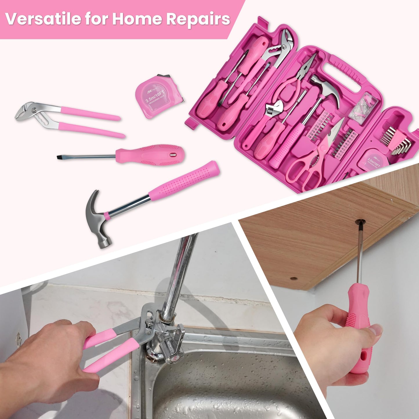 Pink Tool Set for Women, 136-Piece Household Small Tool Set, Toolbox Storage for Home Repairs, Portable Hand Tool Kit for Home, Car Repair, for Ladies