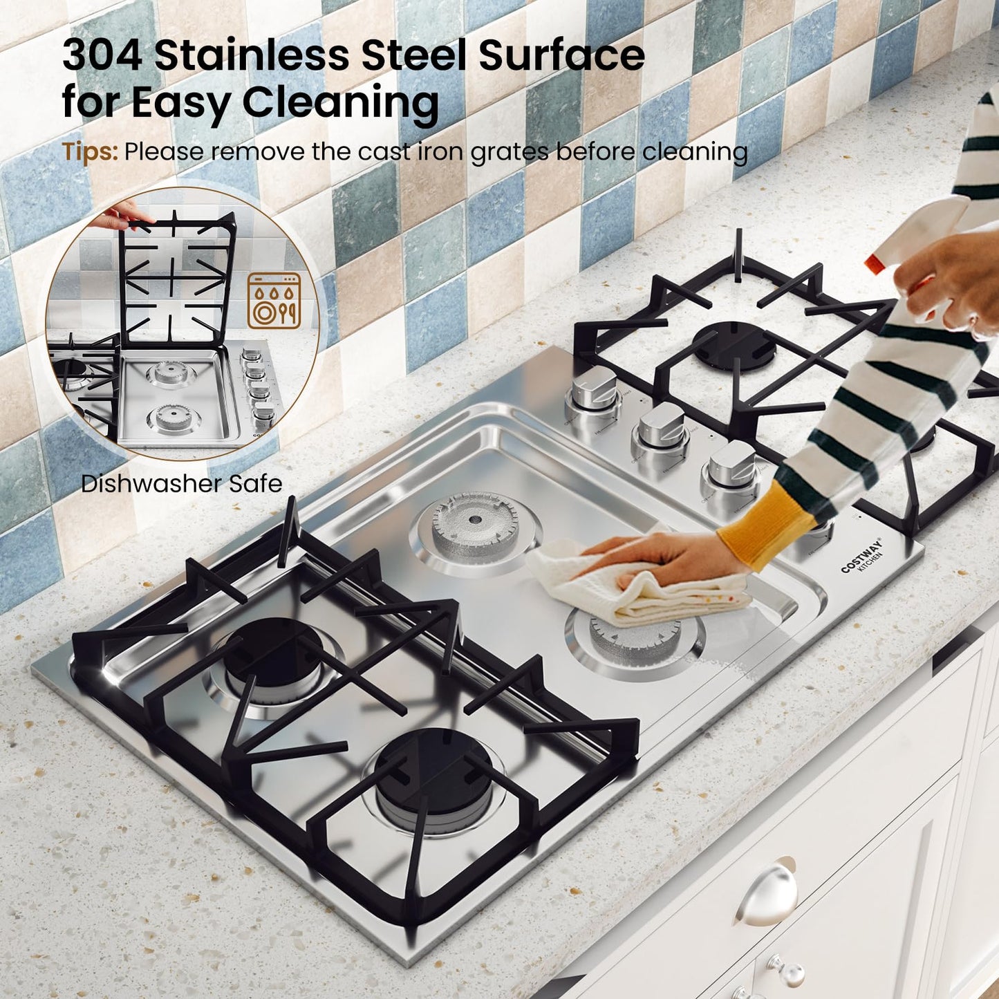 COSTWAY 30-inch Gas Cooktop, Stainless Steel Stove Top with 4 Burners, ABS Knobs and Cast Iron Grates, NG/LP G Convertible Gas Range Top with Sealed Burners for Kitchen, Easy to Clean, Silver