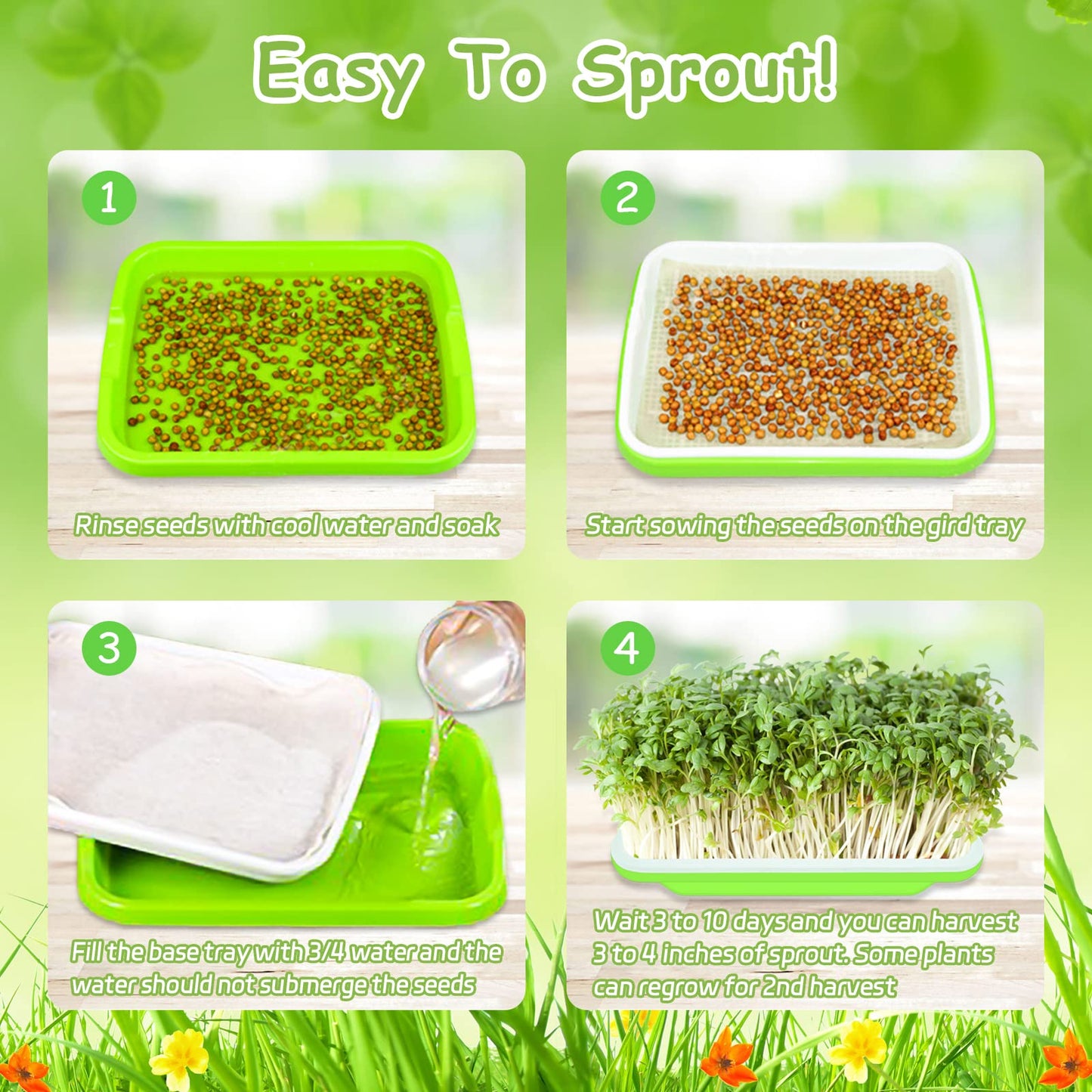 Legigo 16 Pack Green Seed Sprouter Trays- Soil-Free Cultivation Germination Tray, BPA Free Nursery Tray with Planting Paper for Indoors or Outdoors Sprouting Seeds, Grow Grass, Beans and More