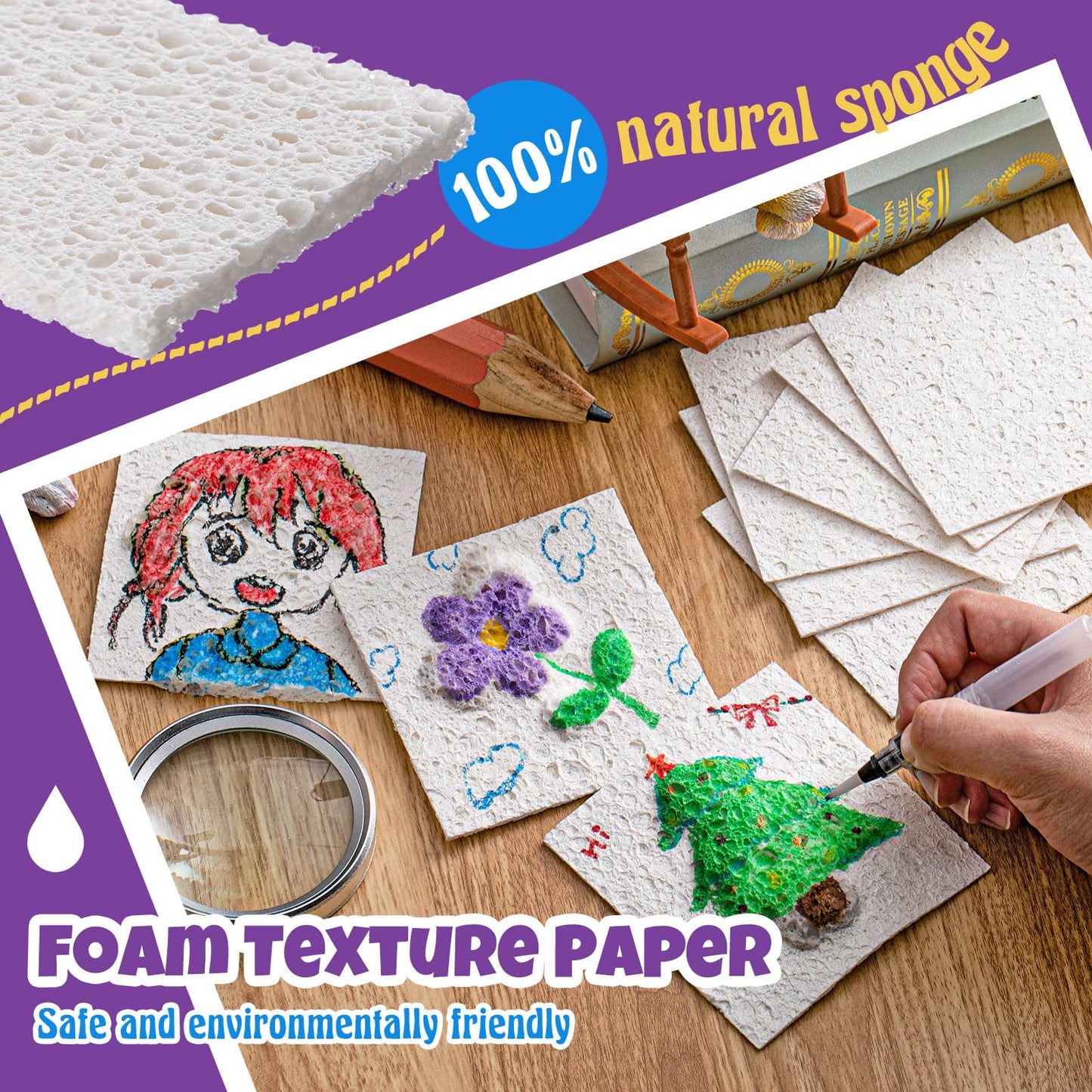 Wonderjune 20 Pcs Christmas Foam Texture Painting Paper for Craft, Magical Foam Texture Paper Sheet with Water Brush Pen, Handicraft Blank Painting Sheet for 3D Craft DIY Art Supplies (Square)
