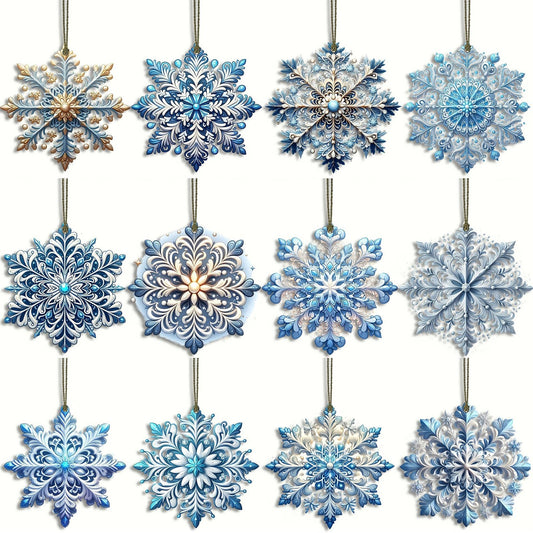 12Pcs Christmas Tree Decorations Christmas Snowflake Wooden Ornaments Christmas Decor Creative Blue Snowflake Christmas Ornaments for Tree Winter Home Decoration Holiday Party DIY Crafts