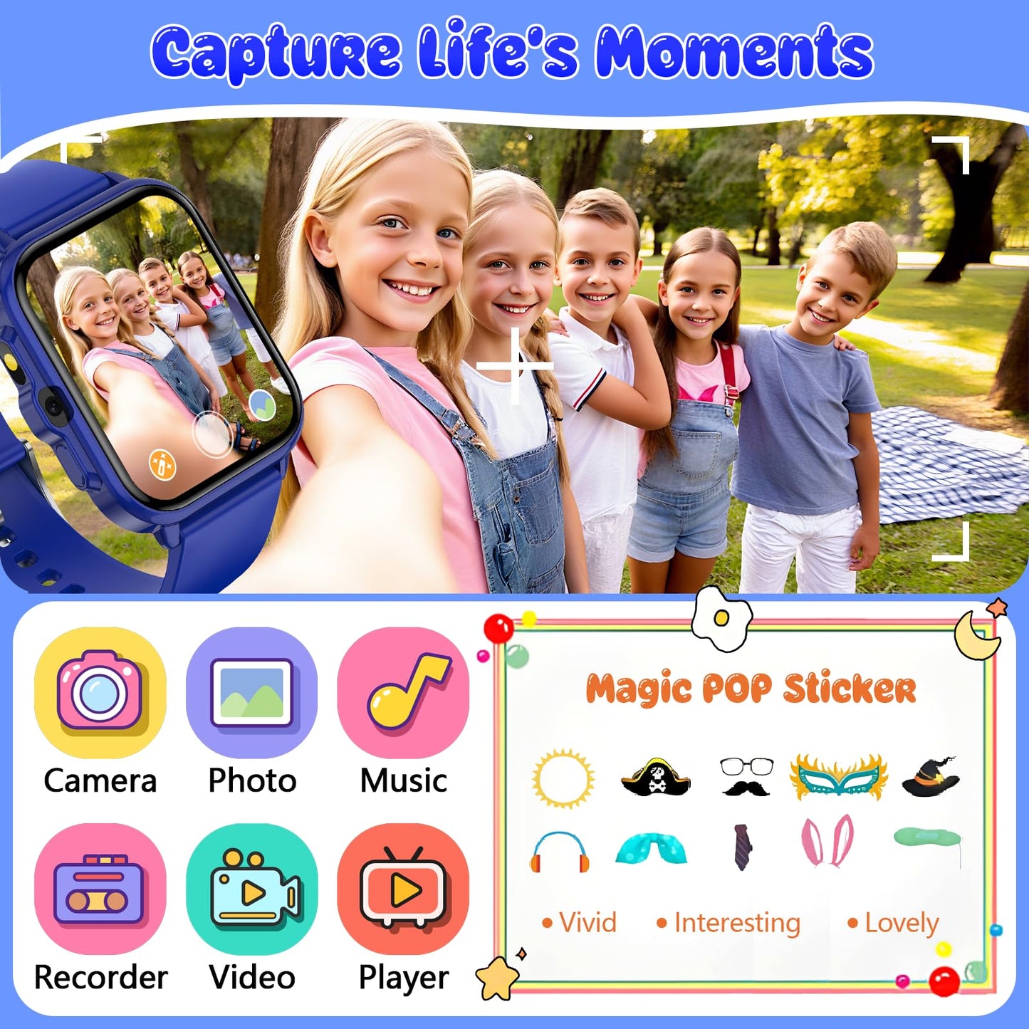 Kids Watch, 1.85" Fitness Tracker Pedometer, Heart Rate, Sleep Monitor, NO APP/Phone, Alarm Clock, Smartwatches with Video Music, IP68 Waterproof, Puzzle Games, Gift for Boy Girl, Smart Watch for Kid