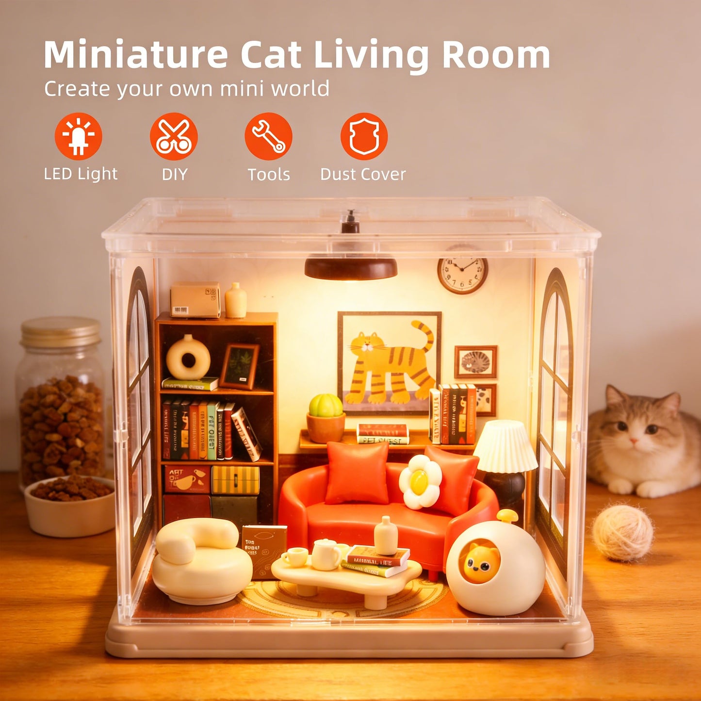 Lydaz DIY Miniature House Kit, Mini House Building Kit for Adults, Tiny House Kit with Furniture, Miniature Dollhouse Kits with Dust Cover, Craft LED Decor Birthday Gifts for Family, Friends(Cat Room)