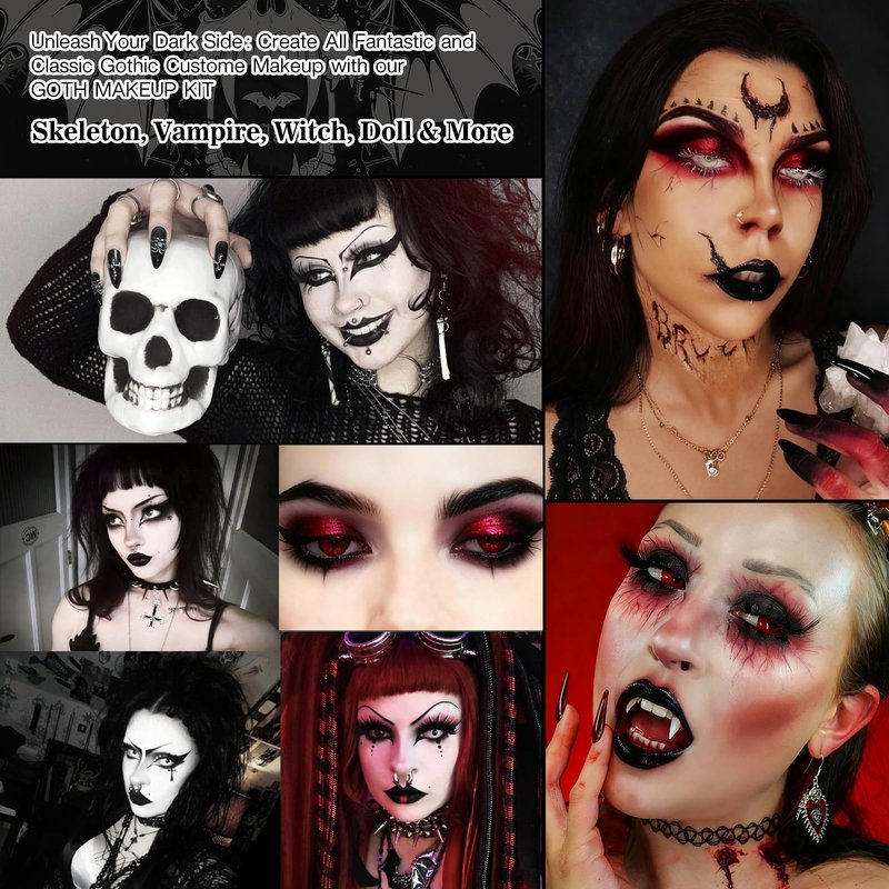 Goth Makeup Kit – Complete Gothic Make up Set for Vampire, Witch, Clown, Emo, Grunge, Theater, Halloween SFX with White Foundation, Red Eyeshadow Palette, Black Lipstick, Eyelashes, Eyeliner, Nails