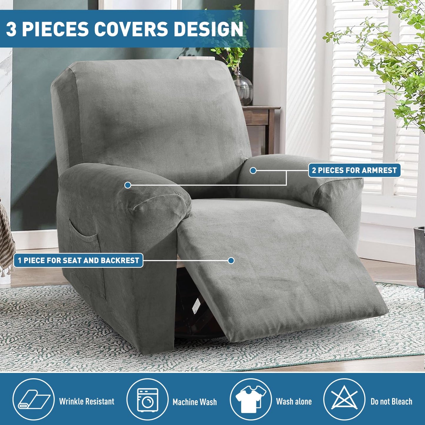 ZNSAYOTX 2025 Velvet Oversized Recliner Cover 3-Piece, Luxury Plush Recliner Chair Covers with Elastic Band & Ties Stay in Place, Stretch Reclining Slipcover for Lazy Boy Soft Washable (Grey)