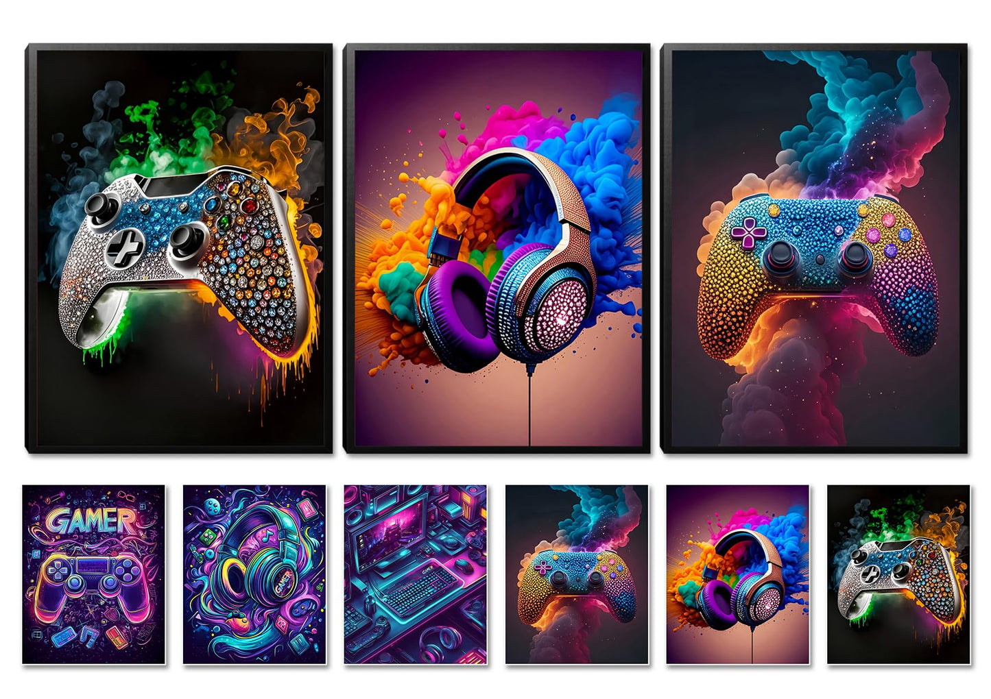 SEHSUVC Game Room Canvas Wall Art, 16x12inch 3-Piece set Wood Framed + 6 Pcs 8×10 Posters Prints, Neon Gaming Accessories Theme Gamer Wall Decor Gifts for Boys Youth Children Bedroom Home Decor