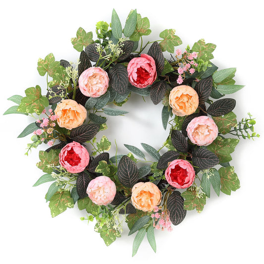 20" Peony Wreath for Front Door – Spring Summer Artificial Pink Peony Floral Wreath for Wall, Window, and Wedding Decor