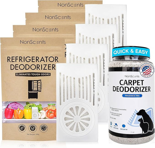 NonScents Ultimate Odor Control Bundle – Refrigerator Deodorizer (4-Count) & Carpet & Rug Odor Eliminator – Fragrance-Free, Long-Lasting Fresheners for Fridge, Freezer, & Pet Areas