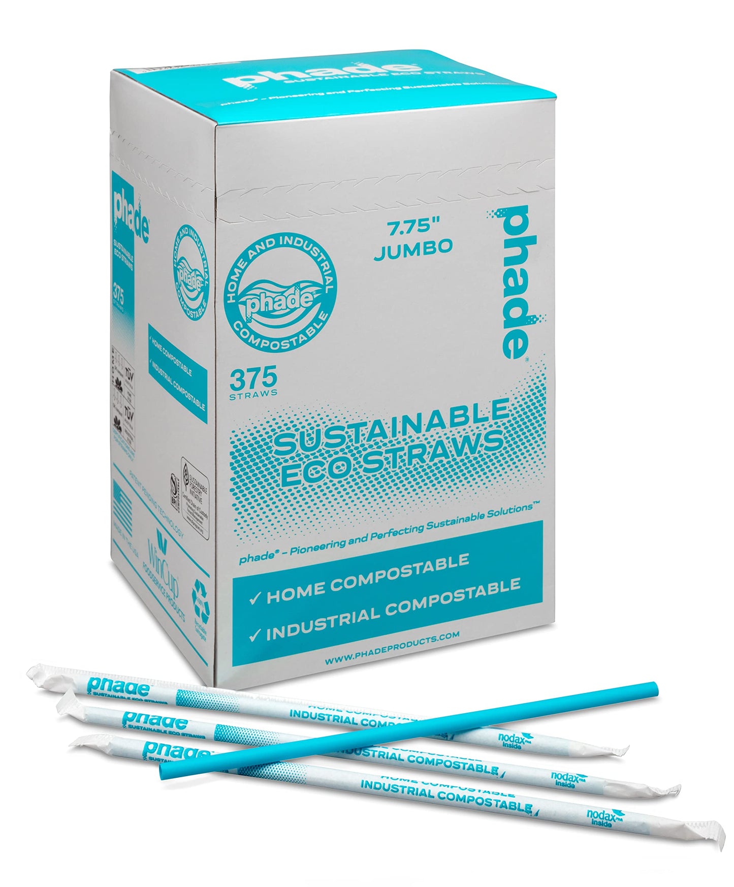 phade Eco-Friendly 7.75" Jumbo Drinking Straws 3,750 Count - Marine Biodegradable, Compostable, Individually Wrapped, 10 Pack