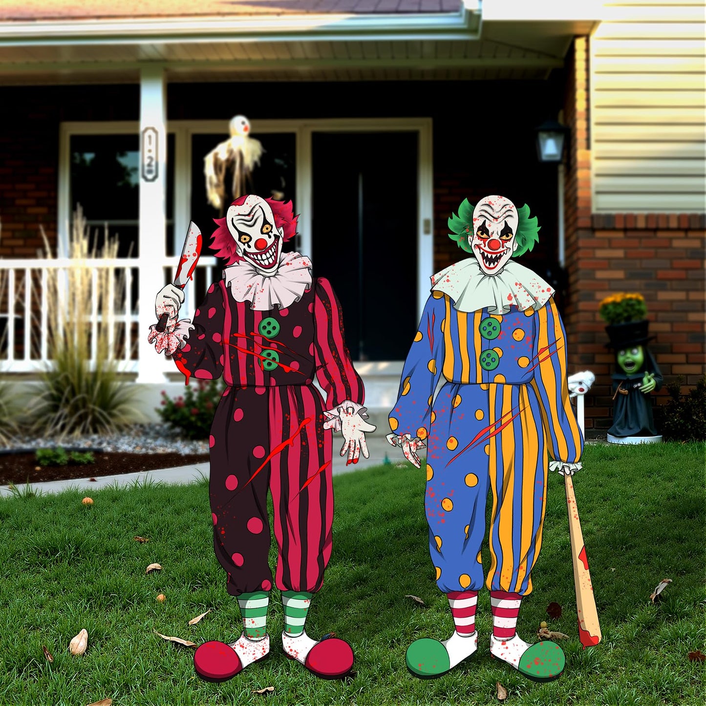Bunny Chorus Outdoor Halloween Decorations: 2ct Extra Large Bloody Clowns Yard Signs with Stakes, Corrugated Plastic, Red Green Outside Halloween Decor for Kids Home School Yard Lawn Haunted House
