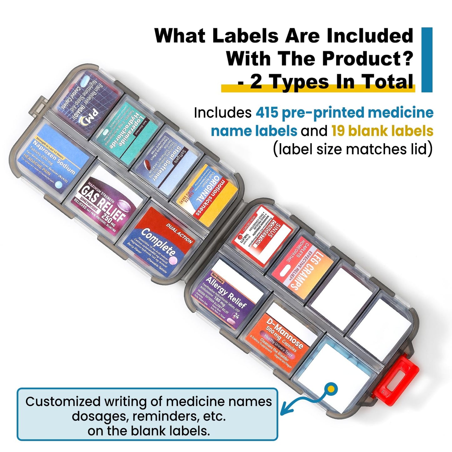 14 Grids Travel Pill Organizer Box with 415-Pcs Medicine Name Labels - Pocket Daily Pharmacy Case Container Kit - Travel Medication Holder Dispenser for Fish Oil Vitamin Supplement Storage -Clear Grey