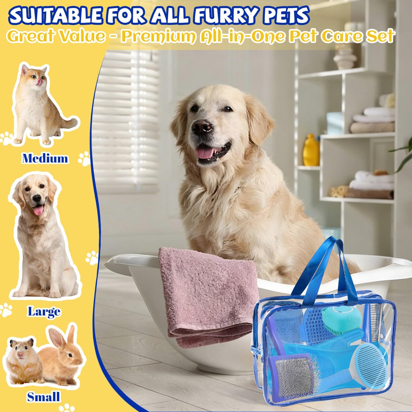 8PCS Dog Slicker Brush for Dogs Grooming Kit,Bath Grooming Kit for Pets,Hair Brush Set with Towel,Washing Gloves,Slicker Comb,and Shampoo Scrubber Brush for Small and Large Dogs and Cats(Blue)