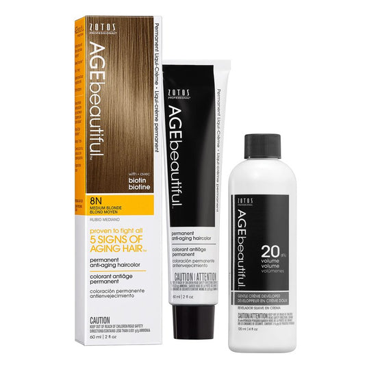 AGE beautiful Permanent Hair Dye 8N Medium Blonde - Hair Color with 20 Volume Developer, 100% Gray Coverage, Biotin Anti-Aging Formula for Thicker, Fuller Hair, Salon Quality