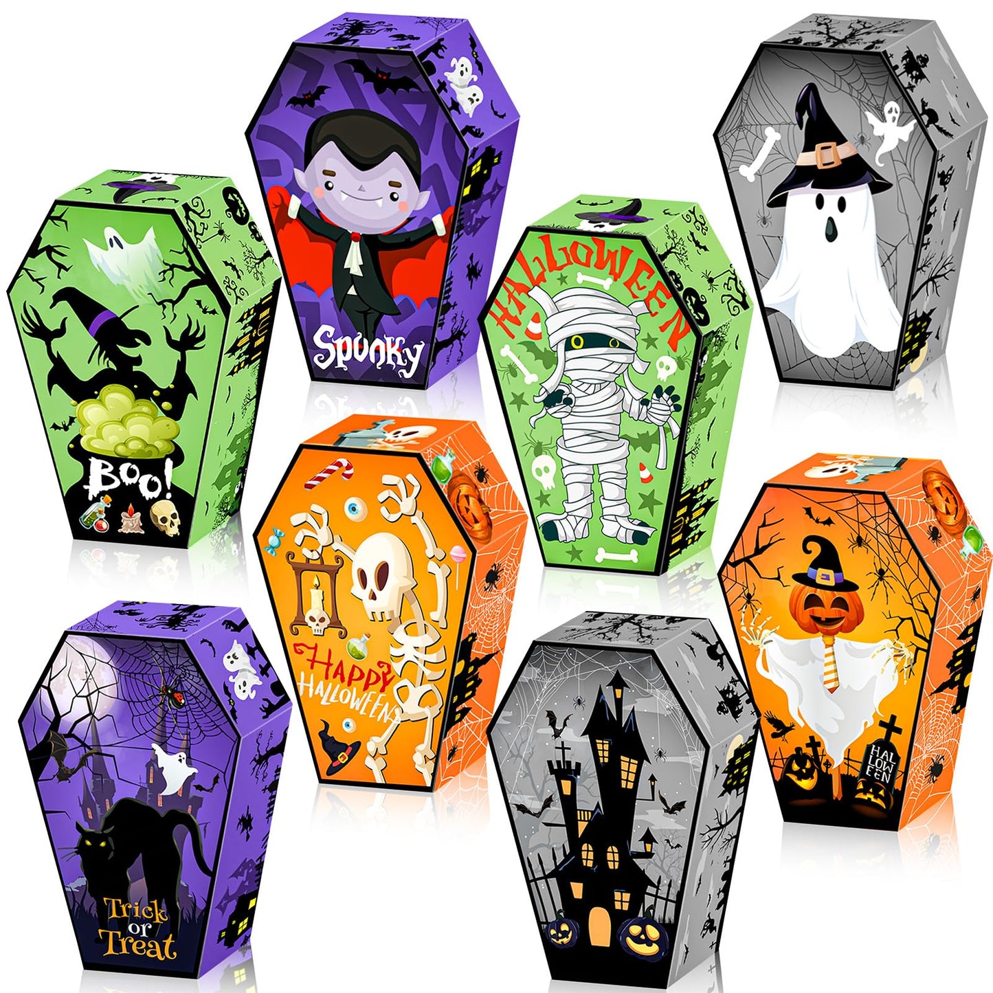 HOWAF 12 PCS Halloween Candy Boxes Coffin Shape Treat Paper Boxes Skull Bat Ghost Goodie Boxes for Happy Halloween Party Decoration Supplies Spooky Halloween Trick or Treat Gift Box