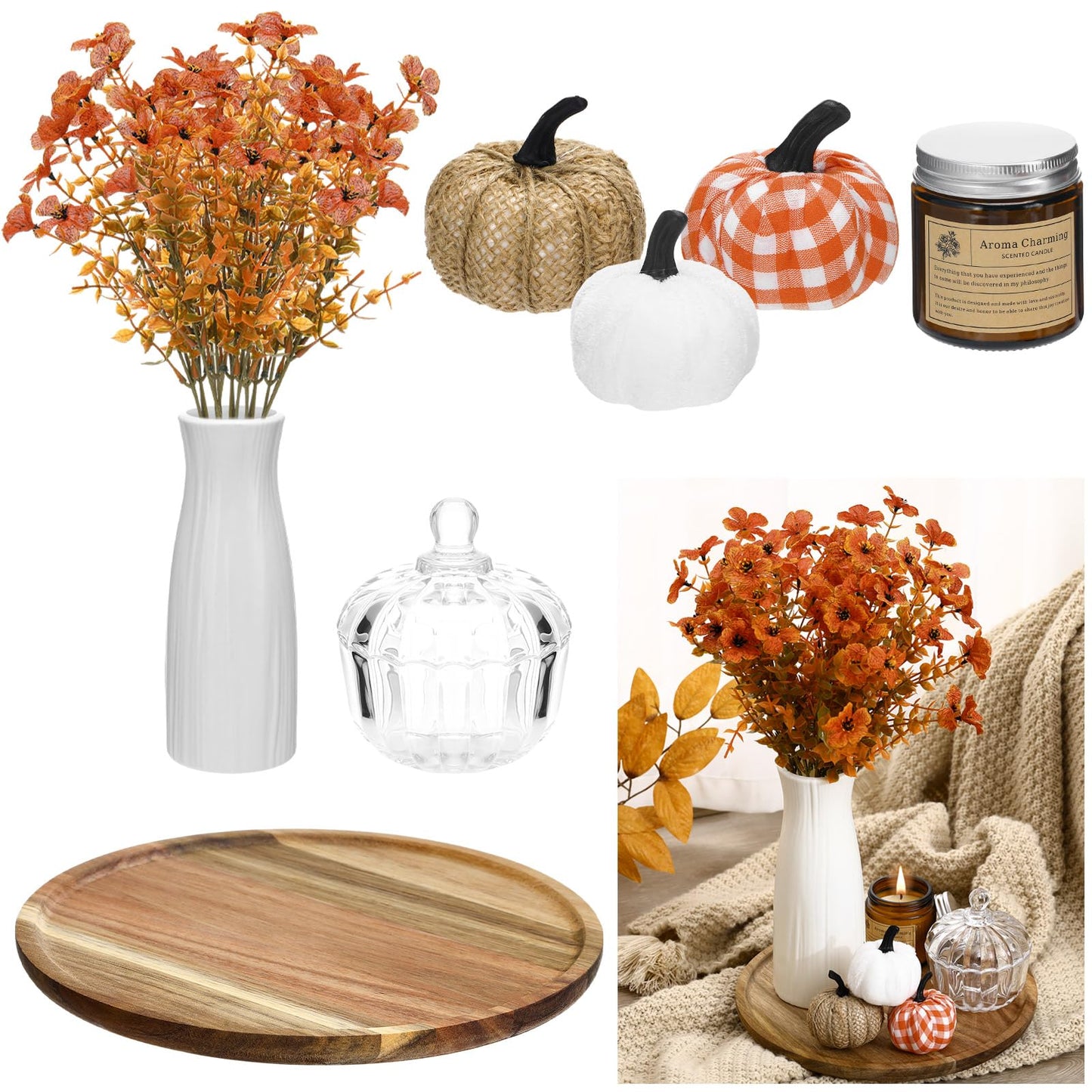 Pinkunn 10 Pcs Fall Wooden Decorative Tray Set with Round Wood Tray Scented Candles Burlap Faux Pumpkin Glass Pumpkin Sugar Bowl Artificial Fake Flowers Vase Autumn Decor Set for Thanksgiving Home