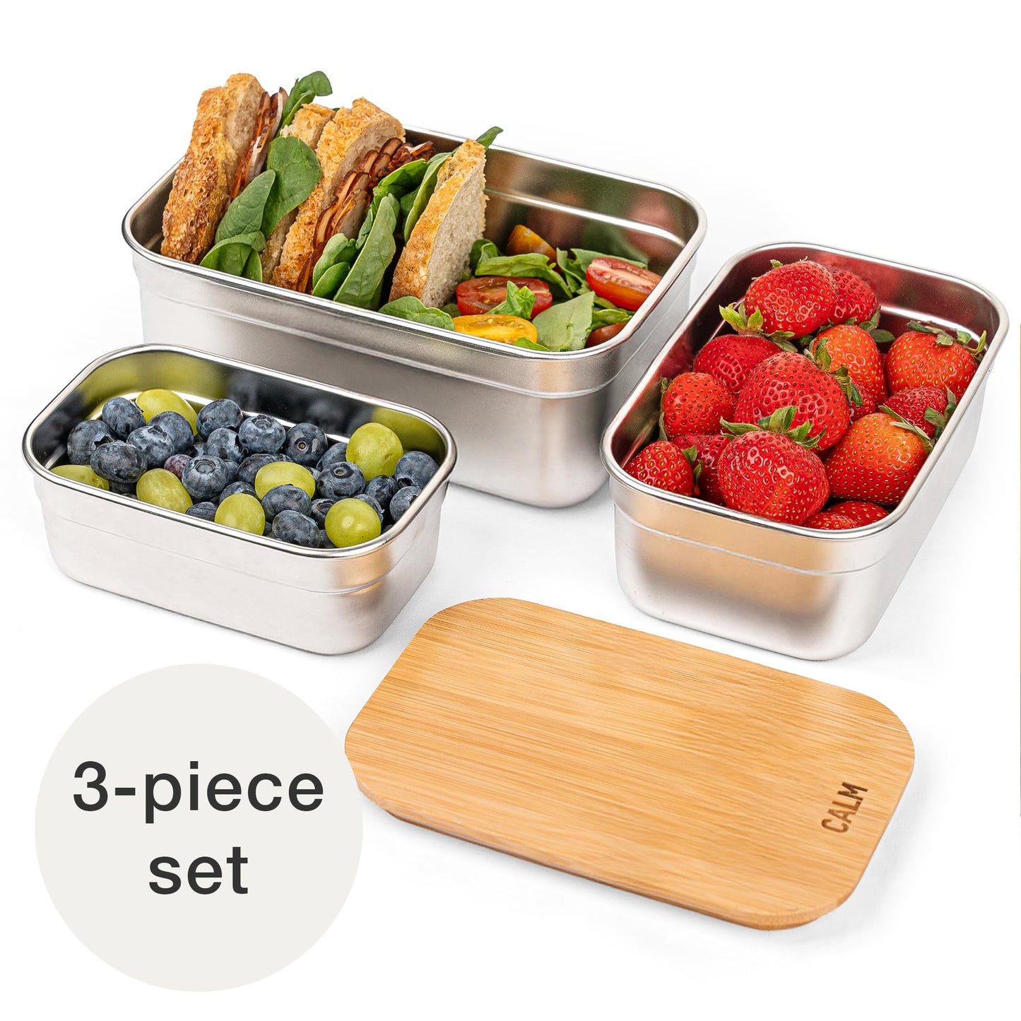 Calm Organics Stainless Steel Food Containers with Bamboo Cutting Board Lids | Set of 3 Reusable Meal Prep Boxes | Airtight Leak-Resistant | Dishwasher Safe | BPA-Free | 2, 4, 6 Cup Sizes
