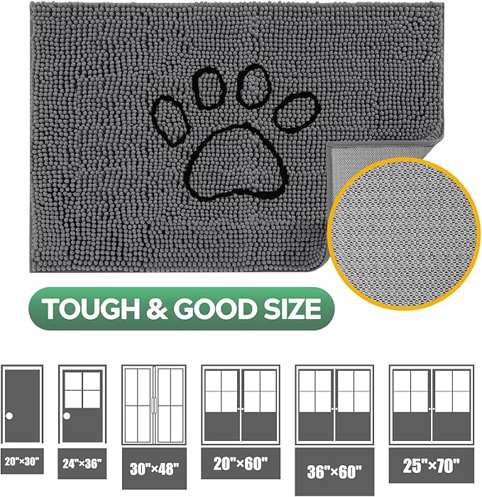 Dog Door Mat for Muddy Paws, Pet Rug Chenille Absorbent Outdoor Doormat 36"x 24", Non Slip Heavy Indoor Doormat Soft Front Inside Doormats for Entryway, Mud Paws, Patio,Dog Paw Black Grey