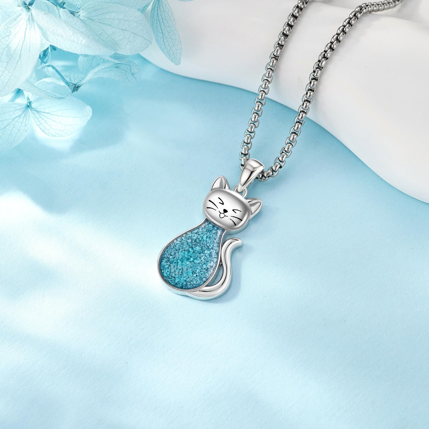 HKPATOP Turquoise Cat Necklace 925 Sterling Silver Turquoise Necklace Cute Cat Jewelry Gifts for Women Men