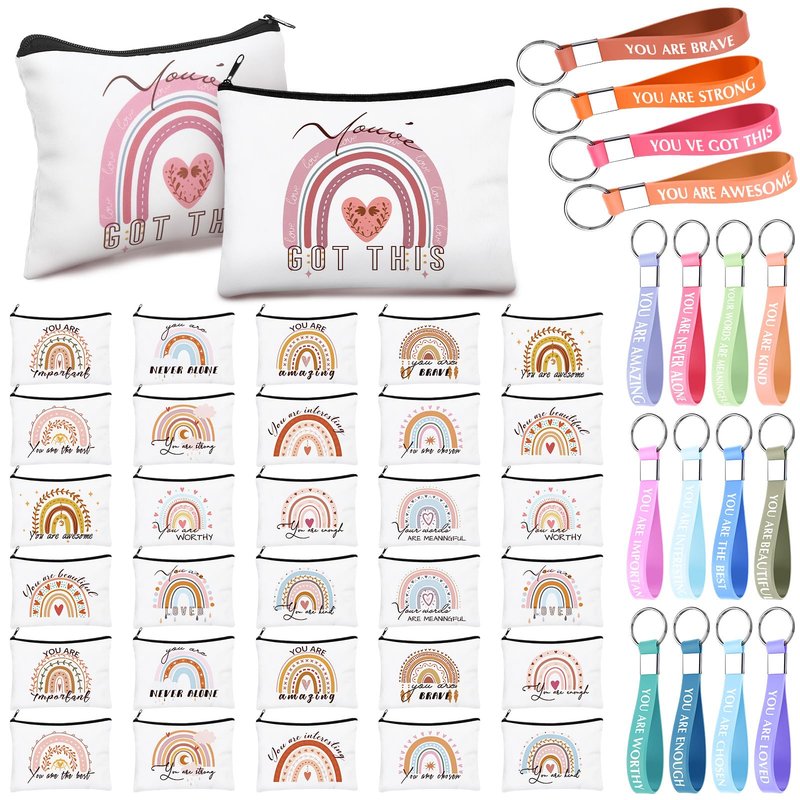Hillban 64 Pcs CNA Week Bulk Gift Rainbow Canvas Makeup Bag and Motivation Keychains Bulk Boho Cosmetic Bags Appreciation Thank You Gifts for Women Nurse Teacher Volunteer Coworkers