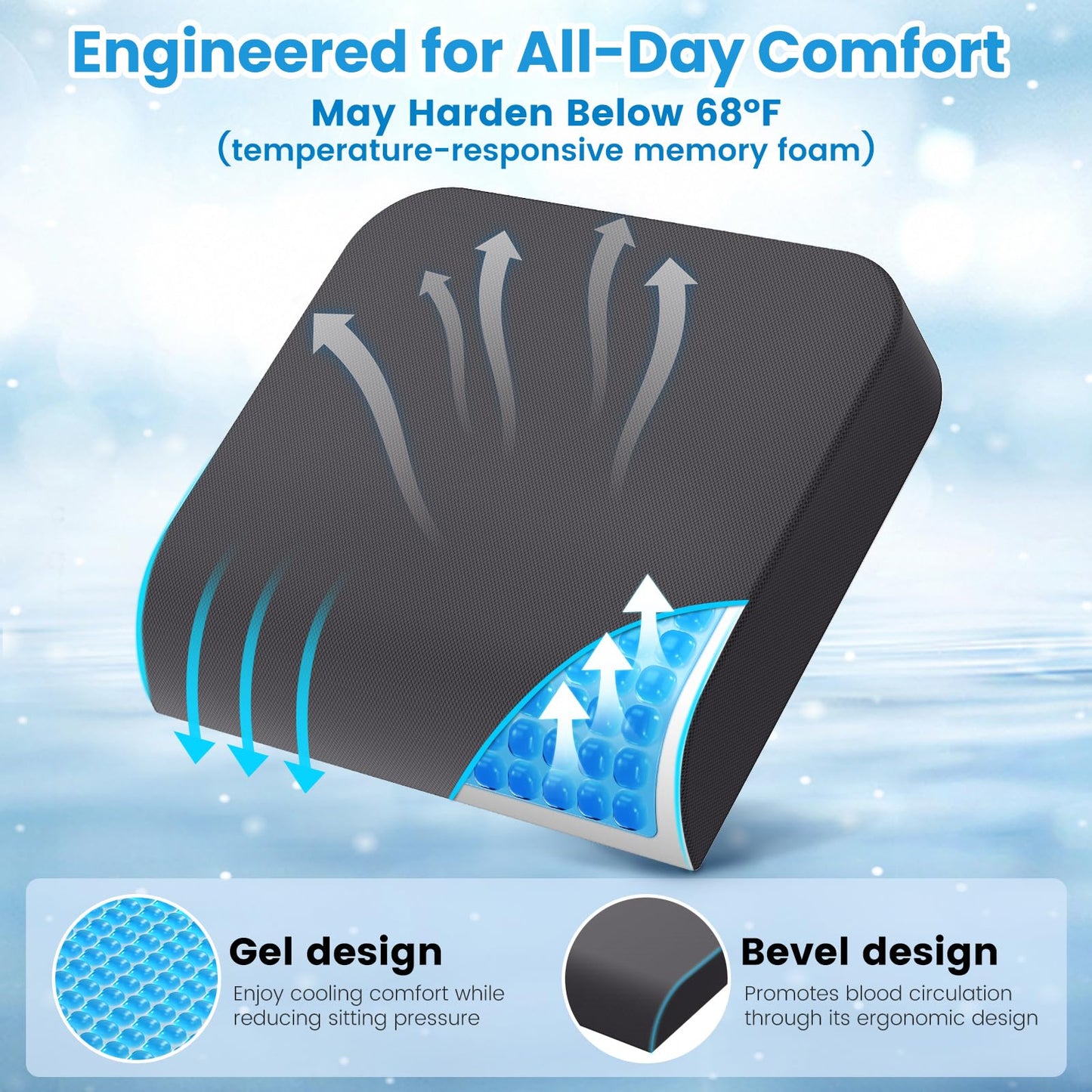 ComfyInLove Wheelchair Seat Cushion - Cooling Gel & Memory Foam Office Chair Cushion with Non-Slip Bottom & Washable Cover, Ergonomic Car Seat Pillow for Sciatica, Tailbone, Back Comfort (Grey)