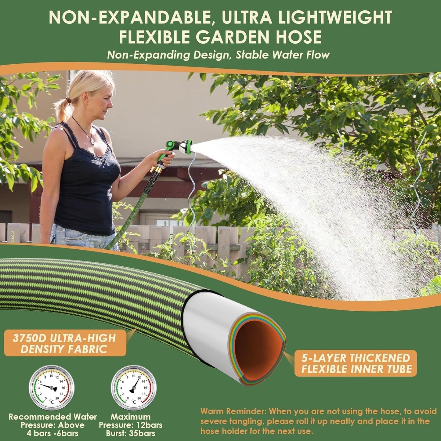 PALRORY Non-Expandable Garden Hose 100 ft, Ultra Lightweight Flexible Water Hose with 10-Pattern Nozzle, Leak-Proof, High-Density Fabric, Thickened Connector, Shut-Off Valve for Yard, Lawn, Outdoor