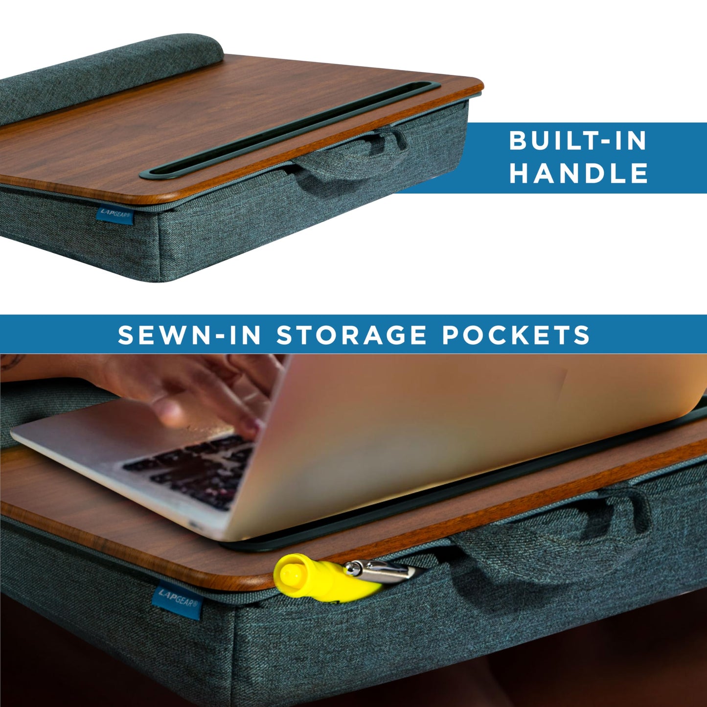 LAPGEAR Portable Laptop Lap Desk with Pillow Cushion, Anti-Slip Strip, Tablet or Phone Storage Slot, Pen and Pencil Pocket, and Wrist Rest - Espresso Woodgrain - Fits 15.6" Laptops - Style No. 91342