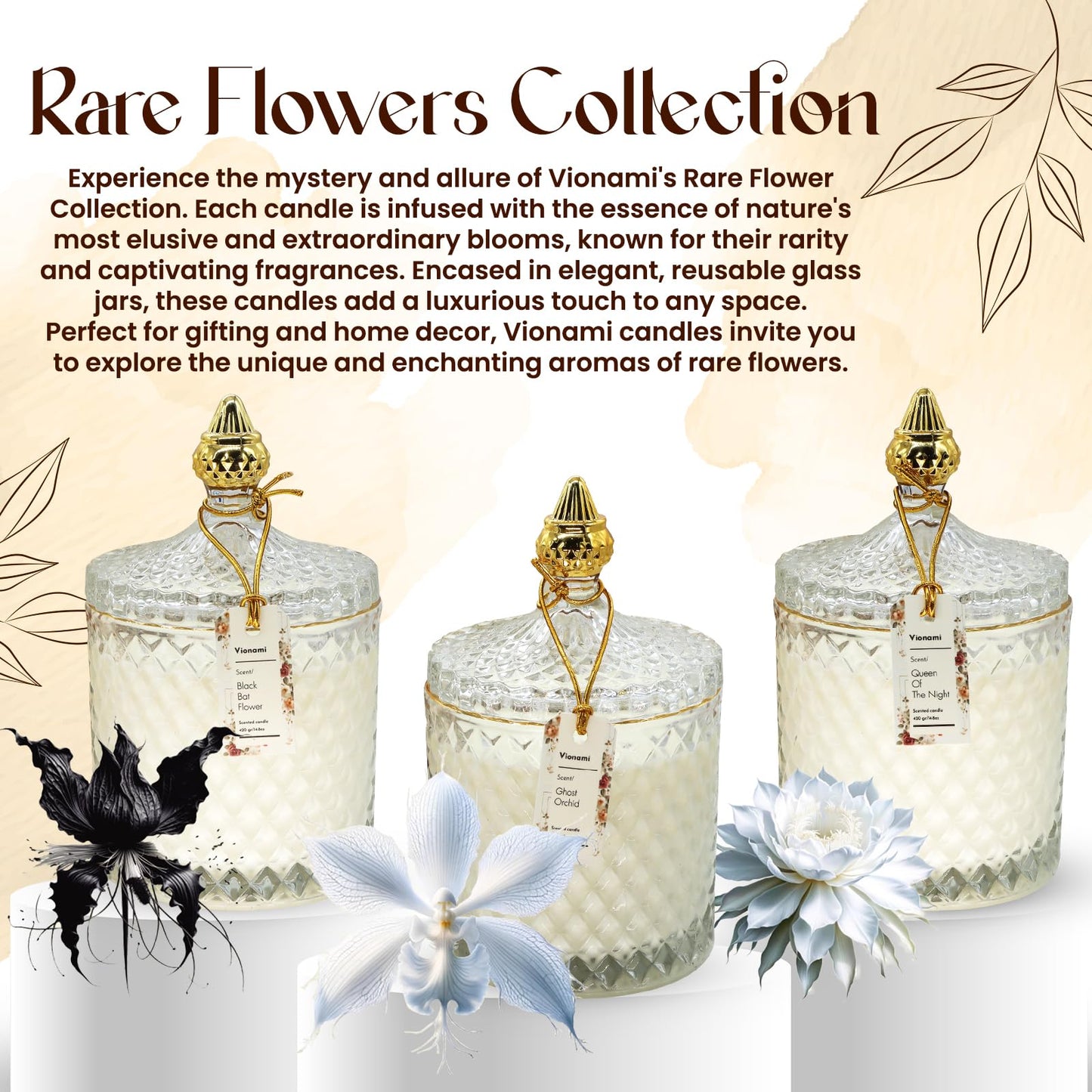 VIONAMI Luxury Scented Candle Gift – Queen of The Night Rare Flower Fragrance in Elegant Glass Jar, Decorative Soy Candles Gifts for Women, Long-Lasting 80 Hr, 14.8 oz, Luxury Candles for Women