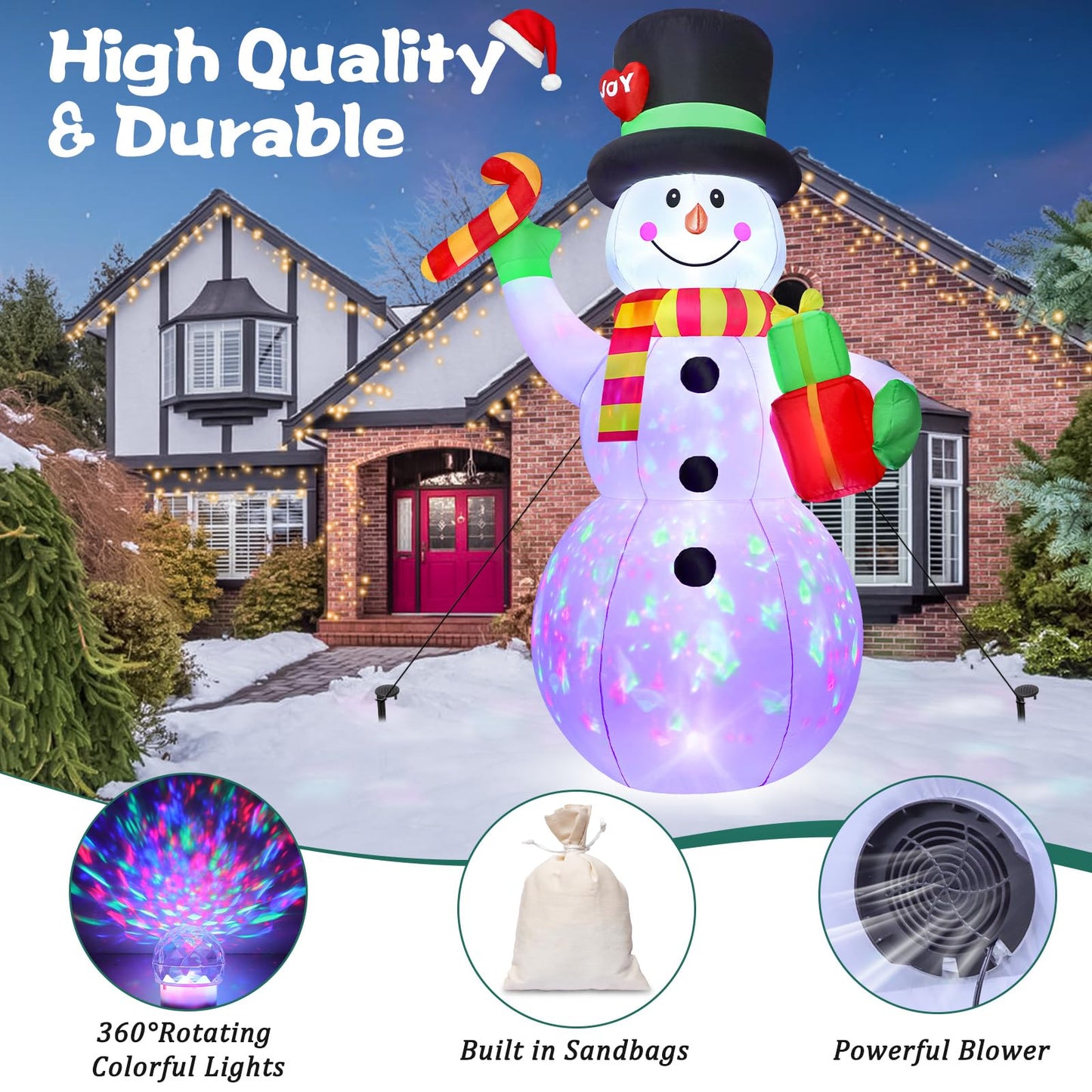 FunFanso 7 FT Christmas Inflatable Snowman Outdoor Decoration, Giant Blow up Snowman Holds Candy and Gift Boxes, Built-in Rotating Colourful Lights for Yard, Garden, Patio, Lawn Xmas Holiday Decor