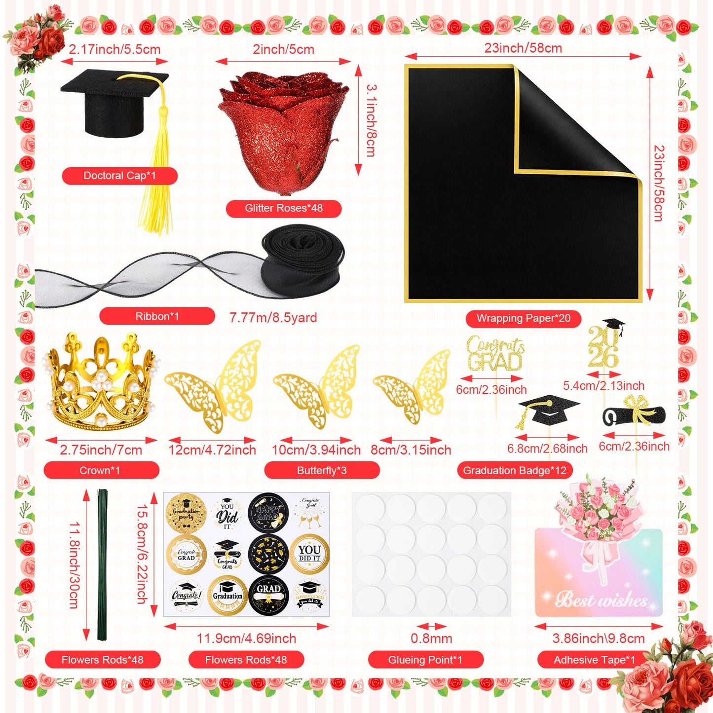 Maysing 48 Pcs Red Glitter Rose Bouquet DIY Kit, Graduation Gifts for Her Class of 2026, Sparkly Artificial Flowers with Crown 3D Butterflies and Cards, Class of 2026 Senior Graduation Bouquet